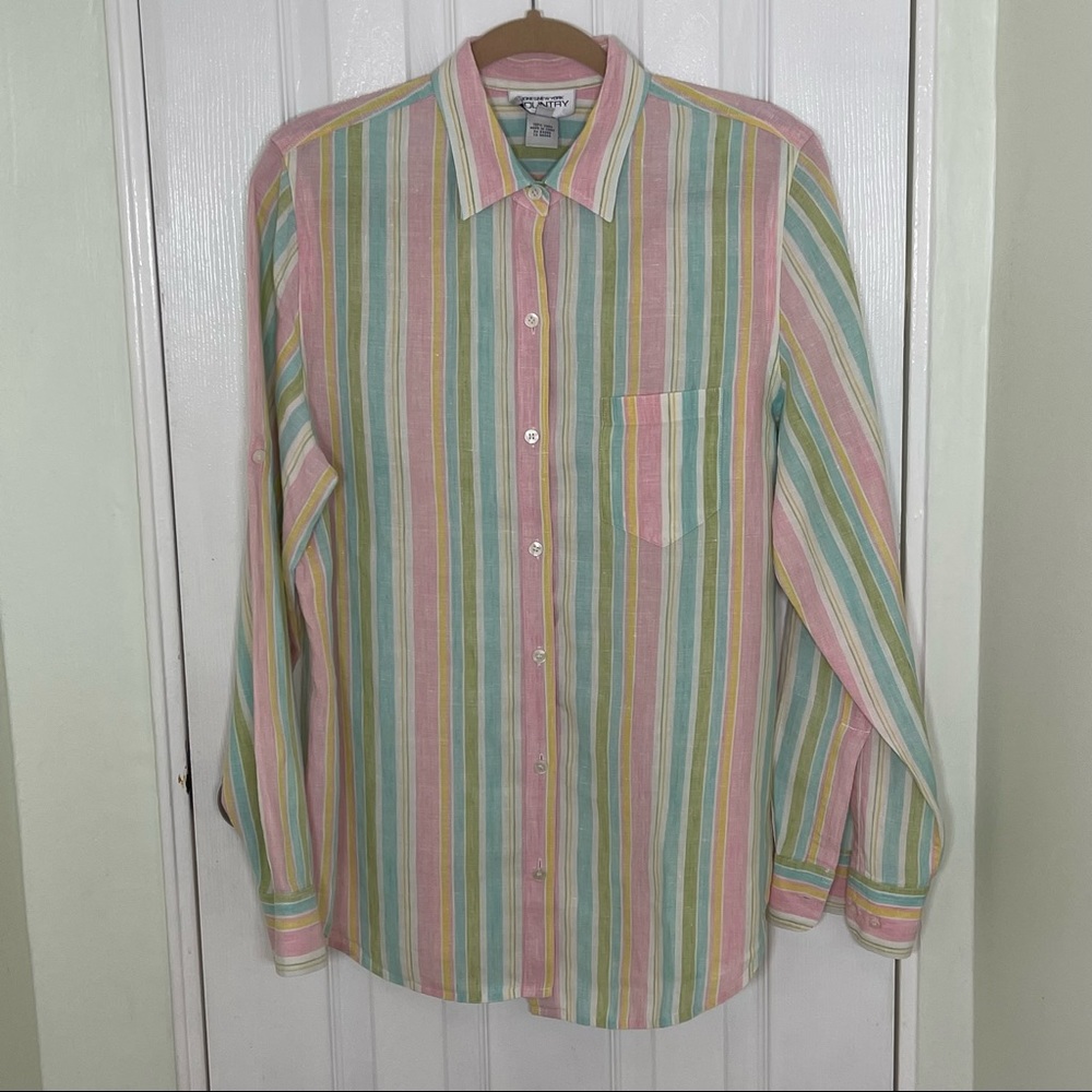 Jones New York Country Pastel Stripes Long Roll Sleeve Button Up Shirt S…